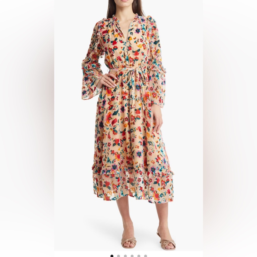 French Connection Avery Burnout tie waist long sleeve maxi dress - Size 4 - NWT